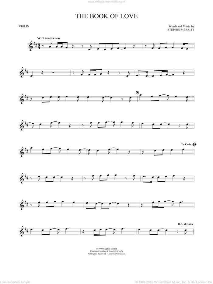 The Book Of Love sheet music for violin solo by The Magnetic Fields, Peter Gabriel and Stephin Merritt, intermediate skill level