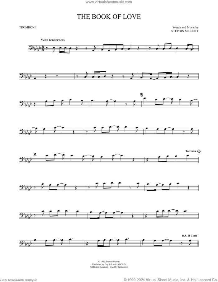 The Book Of Love sheet music for trombone solo by The Magnetic Fields, Peter Gabriel and Stephin Merritt, intermediate skill level