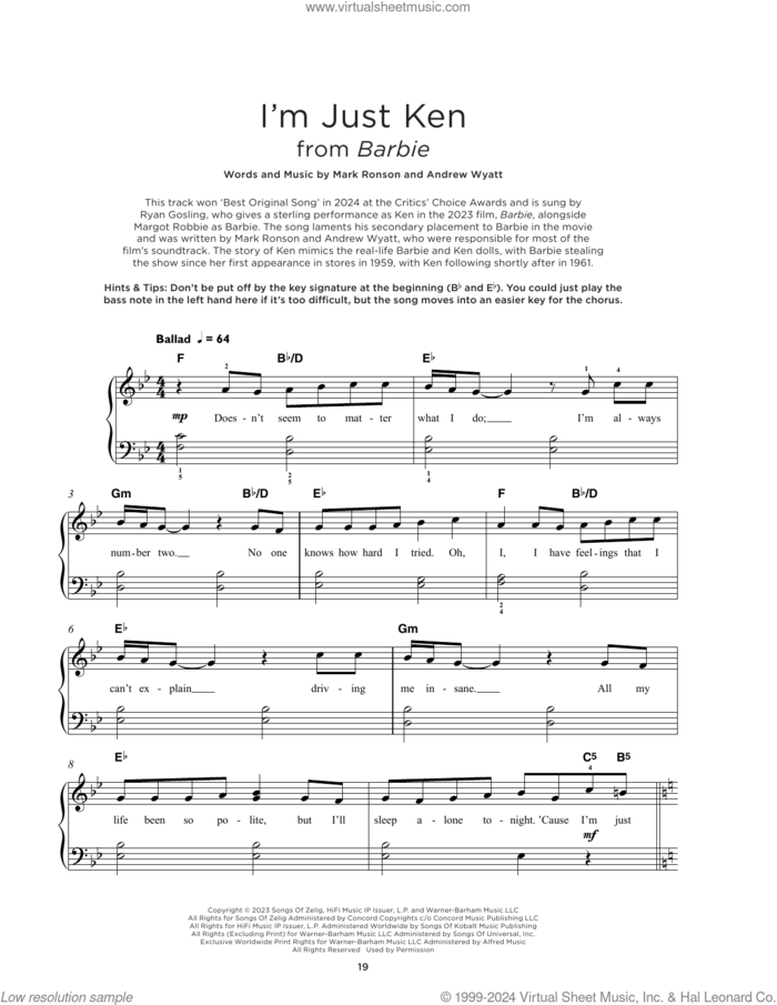 I'm Just Ken (from Barbie) sheet music for piano solo by Ryan Gosling, Andrew Wyatt and Mark Ronson, beginner skill level