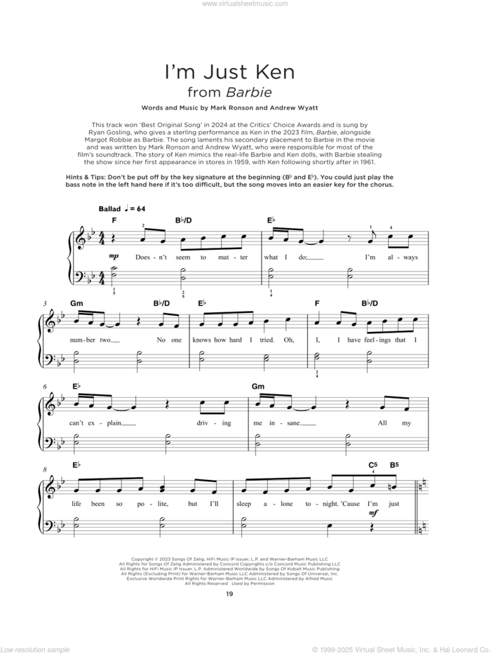 I'm Just Ken (from Barbie) sheet music for piano solo by Ryan Gosling, Andrew Wyatt and Mark Ronson, beginner skill level