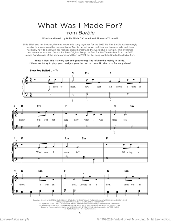 What Was I Made For? (from Barbie), (beginner) (from Barbie) sheet music for piano solo by Billie Eilish, beginner skill level