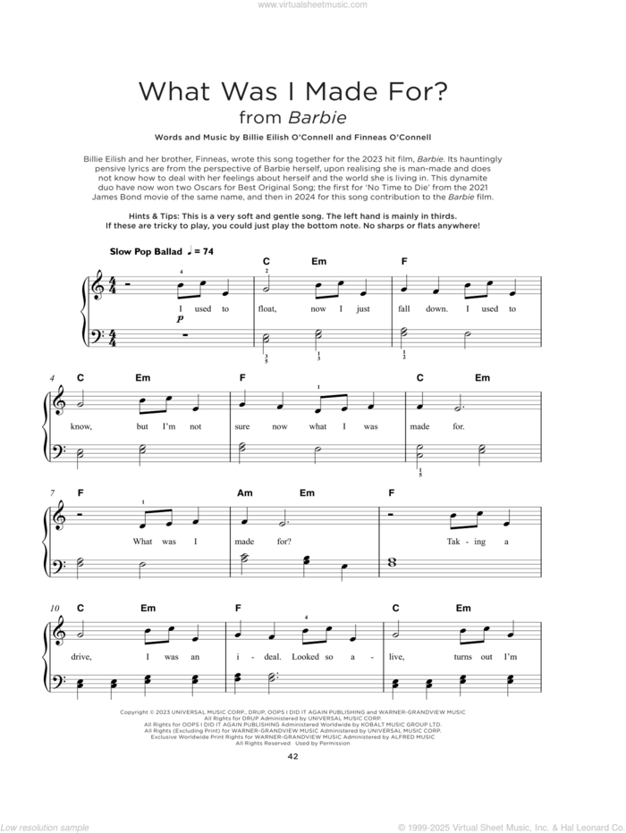 What Was I Made For? (from Barbie), (beginner) (from Barbie) sheet music for piano solo by Billie Eilish, beginner skill level