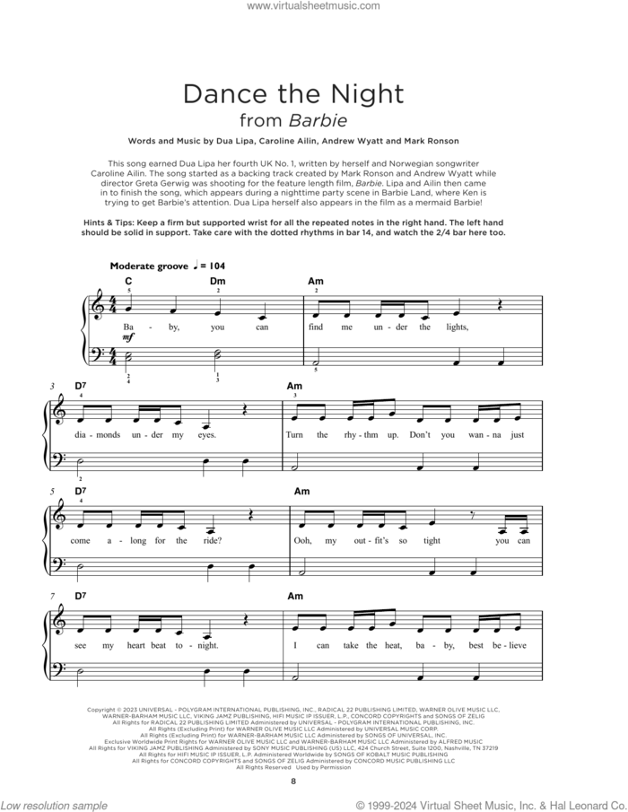 Dance The Night (from Barbie The Album), (beginner) sheet music for piano solo by Dua Lipa, Andrew Wyatt Blakemore, Caroline Ailin and Mark Ronson, beginner skill level