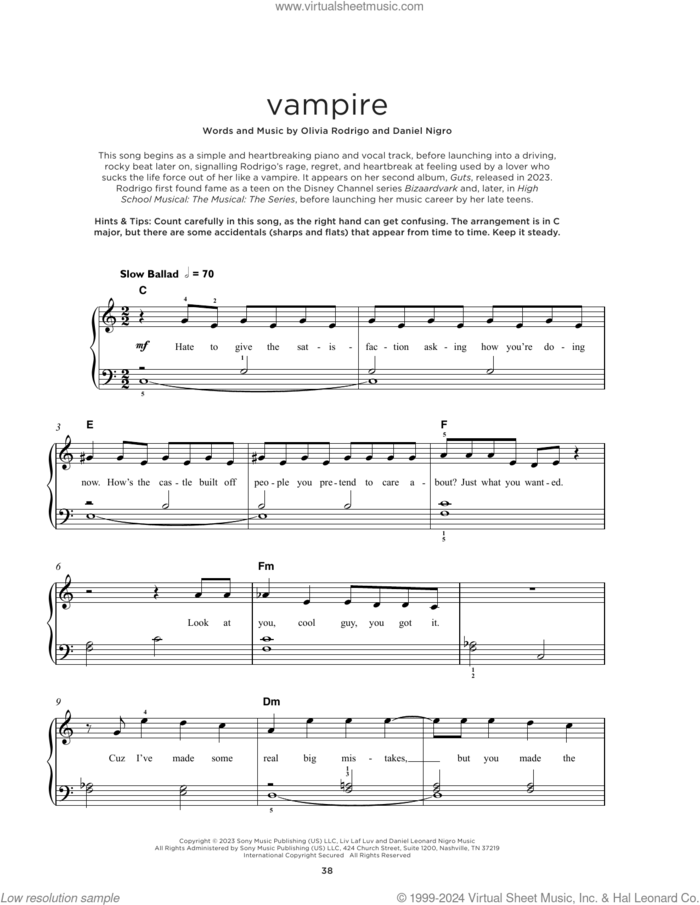 Vampire sheet music for piano solo by Olivia Rodrigo and Daniel Nigro, beginner skill level