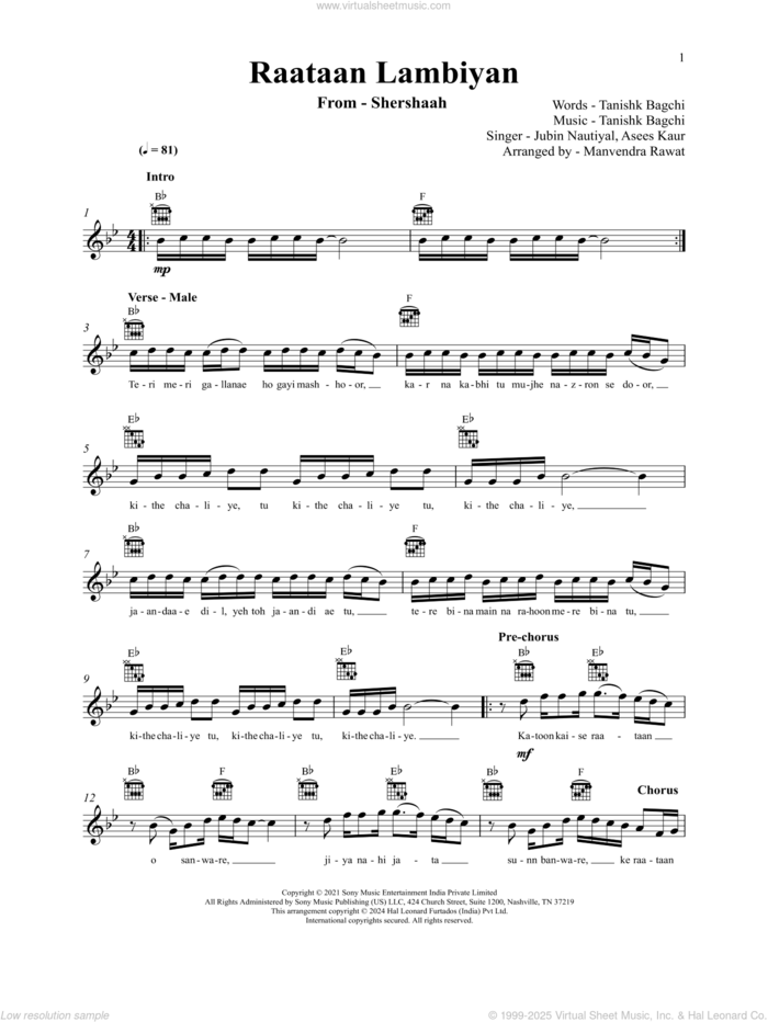 Raataan Lambiyan (from Shershaah) sheet music for voice and other instruments (fake book) by Tanishk Bagchi, Jubin Nautiyal and Asees Kaur and Tanishk Bagchi, intermediate skill level
