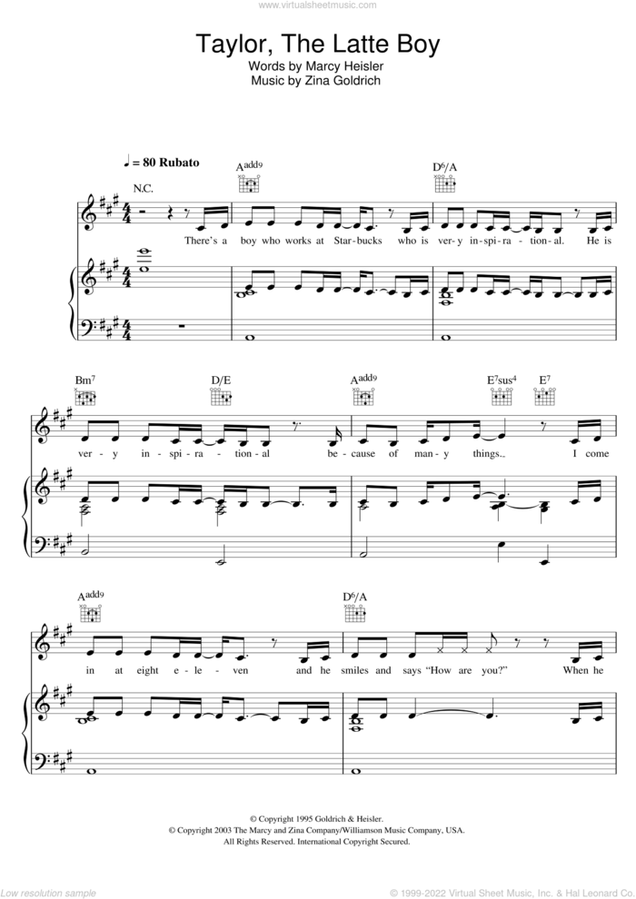 Taylor, The Latte Boy sheet music for voice, piano or guitar by Kristin Chenoweth, Marcy Heisler and Zina Goldrich, intermediate skill level