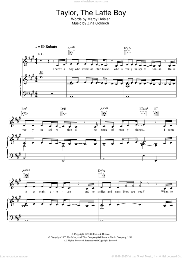 Taylor, The Latte Boy sheet music for voice, piano or guitar by Kristin Chenoweth, Marcy Heisler and Zina Goldrich, intermediate skill level