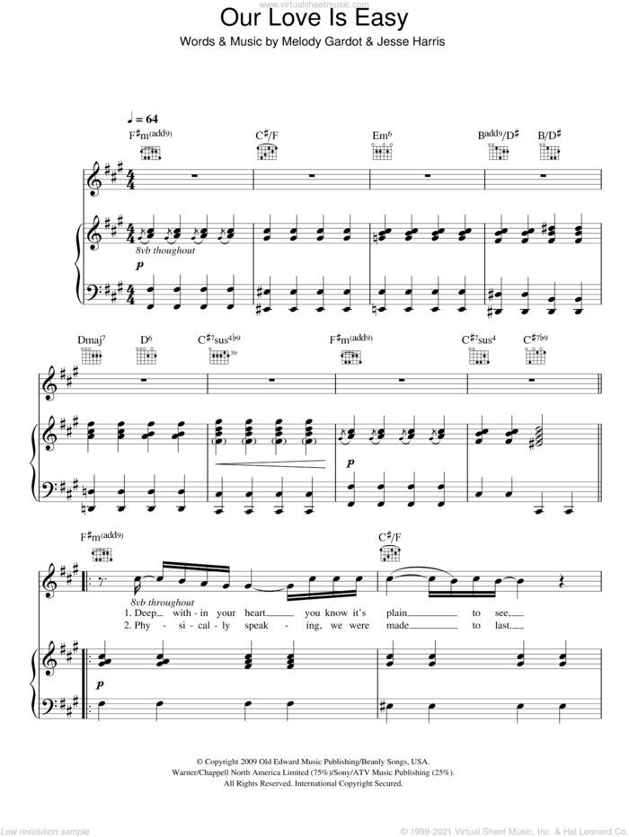 Our Love Is Easy sheet music for voice, piano or guitar by Melody Gardot and Jesse Harris, intermediate skill level