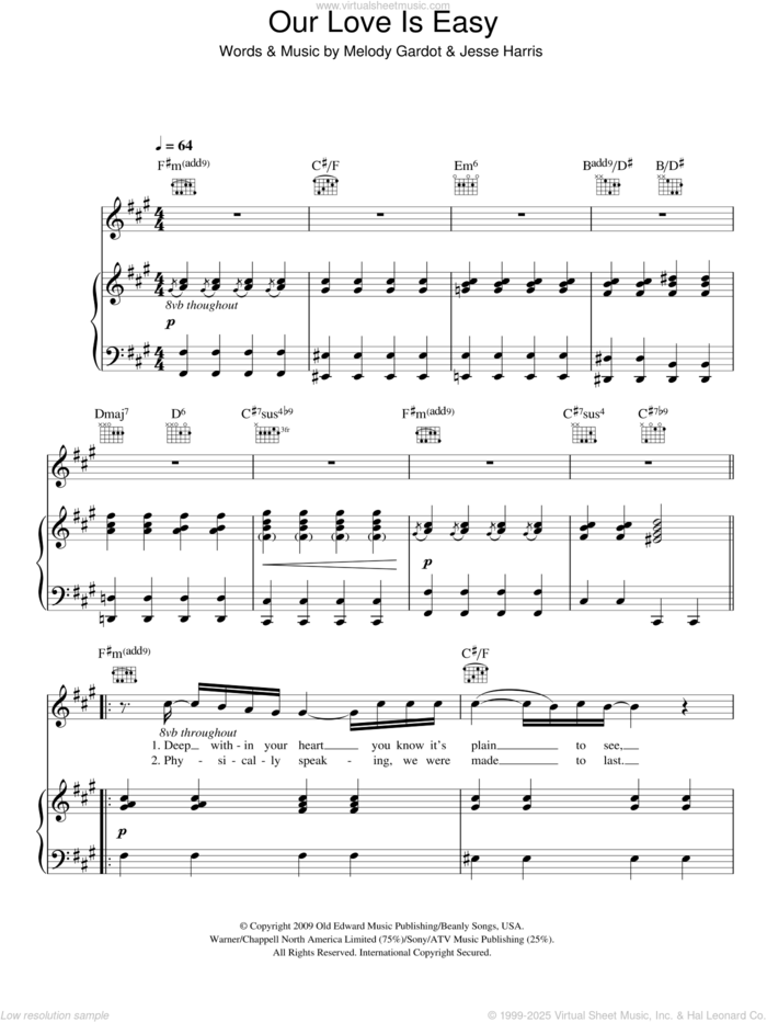 Our Love Is Easy sheet music for voice, piano or guitar by Melody Gardot and Jesse Harris, intermediate skill level