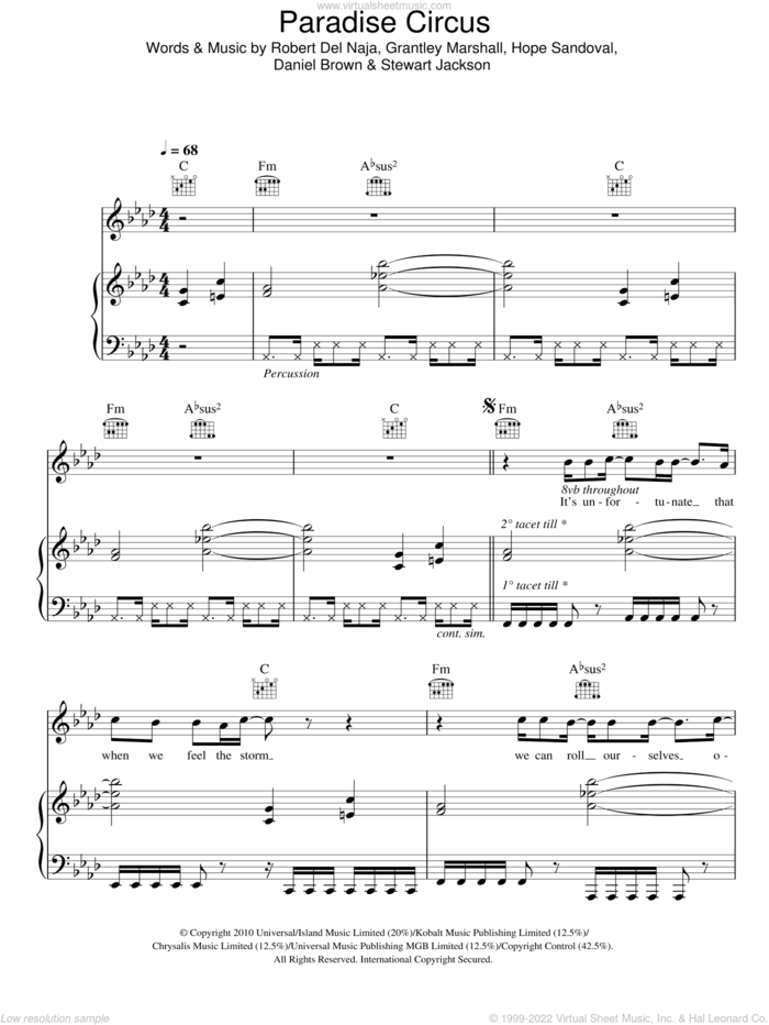 Paradise Circus sheet music for voice, piano or guitar by Massive Attack, Daniel Brown, Grantley Marshall, Hope Sandoval, Robert Del Naja and Stewart Jackson, intermediate skill level