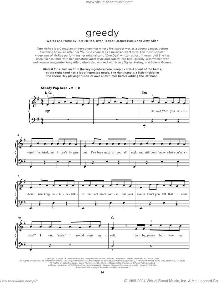 greedy, (beginner) sheet music for piano solo by Tate McRae, Amy Allen, Jasper Harris and Ryan Tedder, beginner skill level