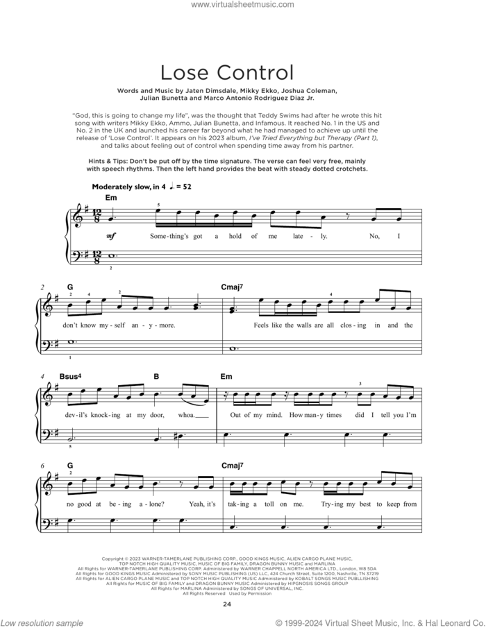 Lose Control, (beginner) sheet music for piano solo by Teddy Swims, Jaten Dimsdale (Teddy Swims), Joshua Coleman, Julian Bunetta, Marco Antonio Rodriguez Diaz and Mikky Ekko, beginner skill level