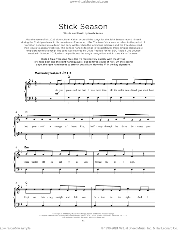 Stick Season, (beginner) sheet music for piano solo by Noah Kahan, beginner skill level