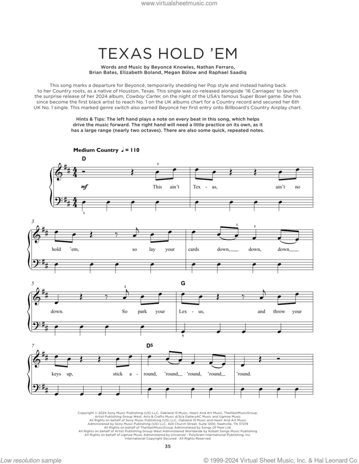 Texas Hold 'Em sheet music for piano solo by Raphael Saadiq, Beyonce, Beyonce Knowles, Brian Bates, Elizabeth Boland, Megan Bulow and Nathan Ferraro, beginner skill level