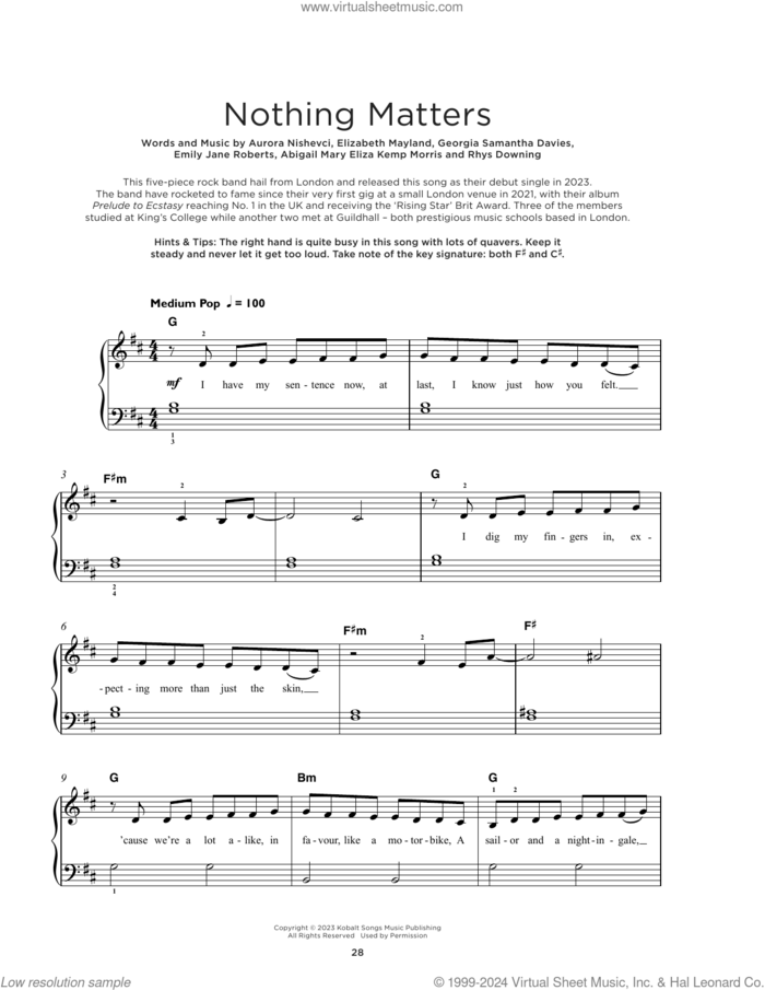 Nothing Matters, (beginner) sheet music for piano solo by The Last Dinner Party, Abigail Morris, Aurora Nishevci, Elizabeth Mayland, Emily Roberts, Georgia Davies and Rhys Downing, beginner skill level