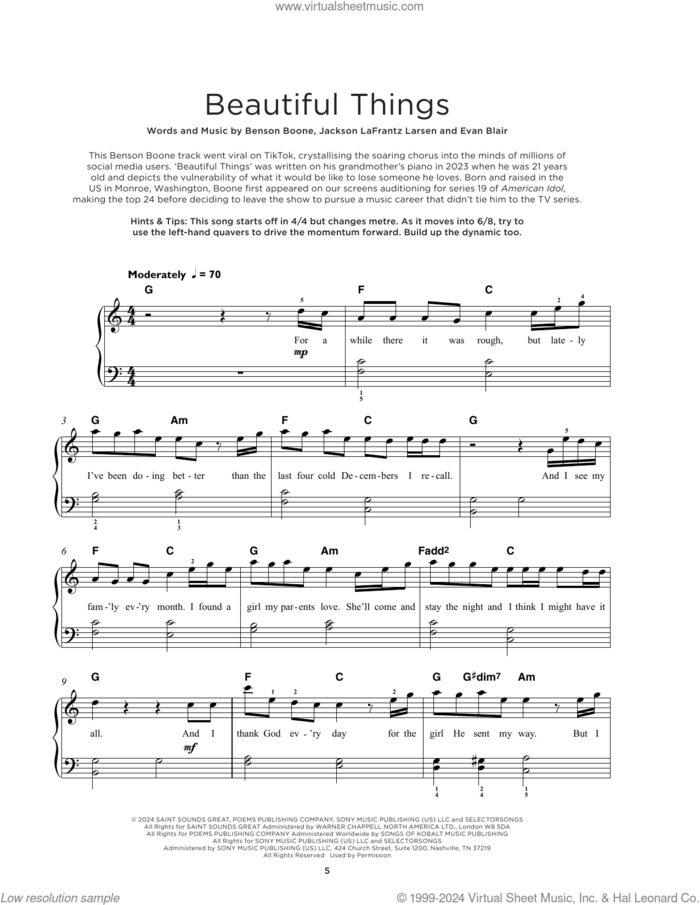 Beautiful Things, (beginner) sheet music for piano solo by Benson Boone, Evan Blair and Jackson Lafrantz Larsen, beginner skill level