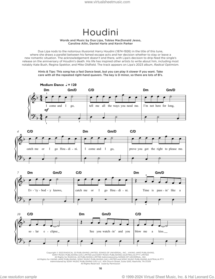 Houdini, (beginner) sheet music for piano solo by Dua Lipa, Caroline Ailin, Daniel Harle, Kevin Parker and Tobias Macdonald Jesso, beginner skill level