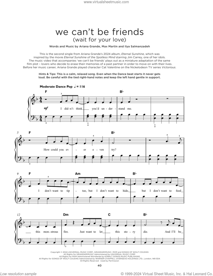 we can't be friends (wait for your love) sheet music for piano solo by Ariana Grande, Ilya Salmanzadeh and Max Martin, beginner skill level