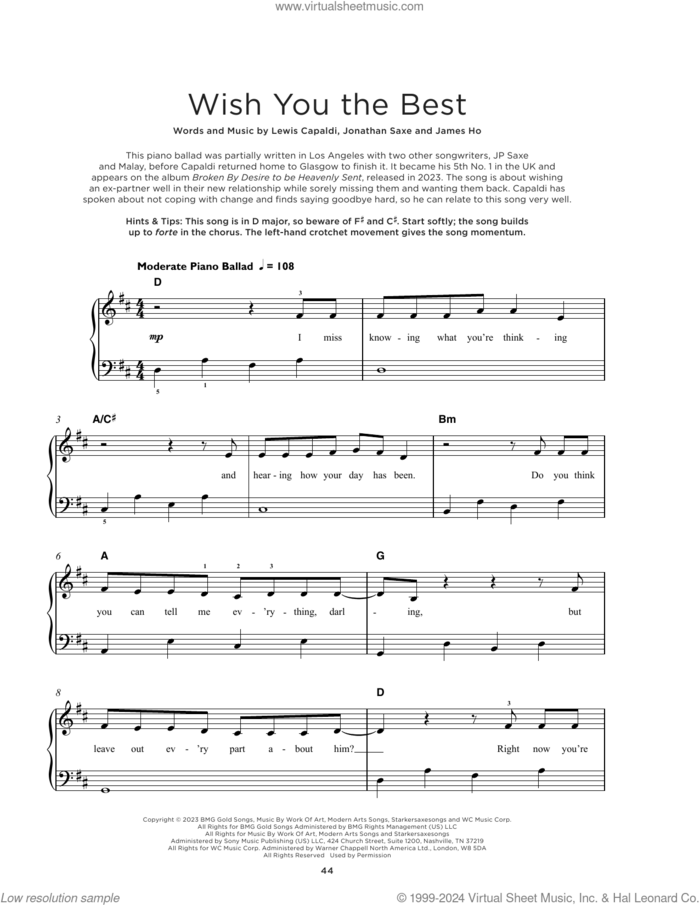 Wish You The Best, (beginner) sheet music for piano solo by Lewis Capaldi, James Ho and Jonathan Saxe, beginner skill level