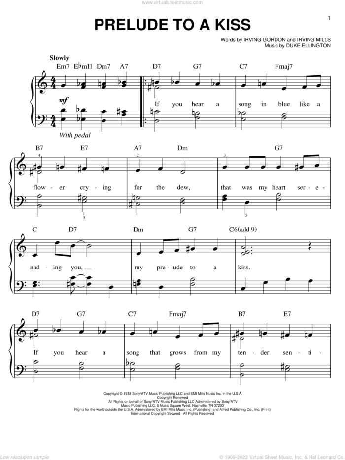 Prelude To A Kiss sheet music for piano solo by Duke Ellington, Irving Gordon and Irving Mills, easy skill level