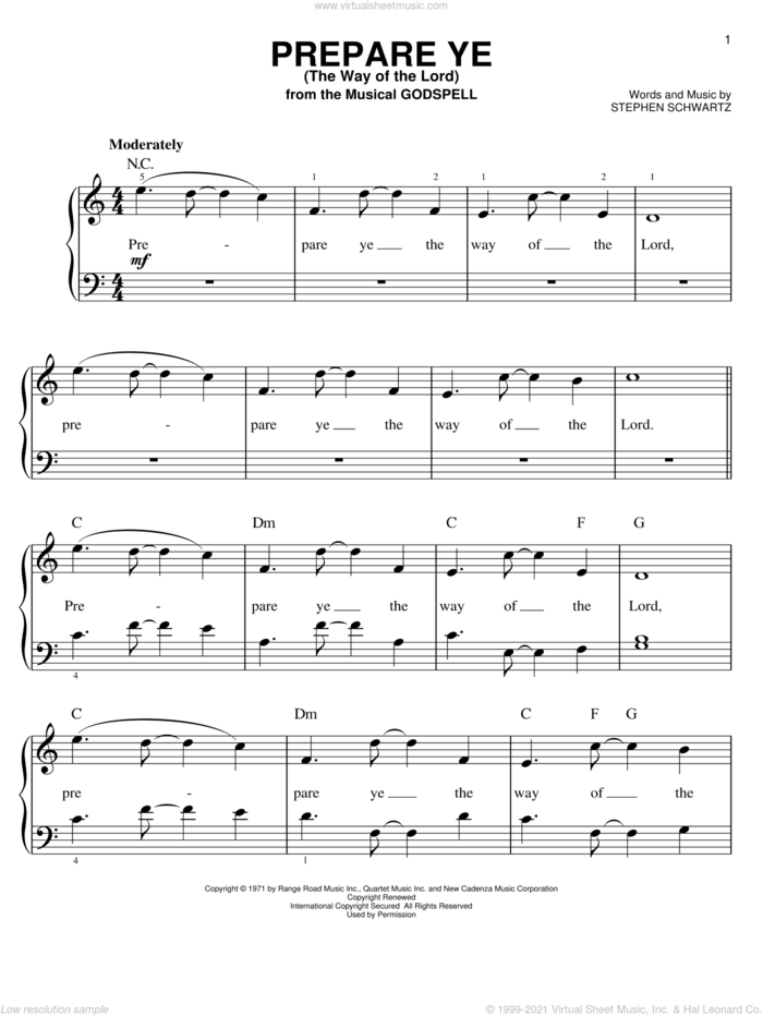 Prepare Ye (The Way Of The Lord) sheet music for piano solo by Stephen Schwartz and Godspell (Musical), easy skill level