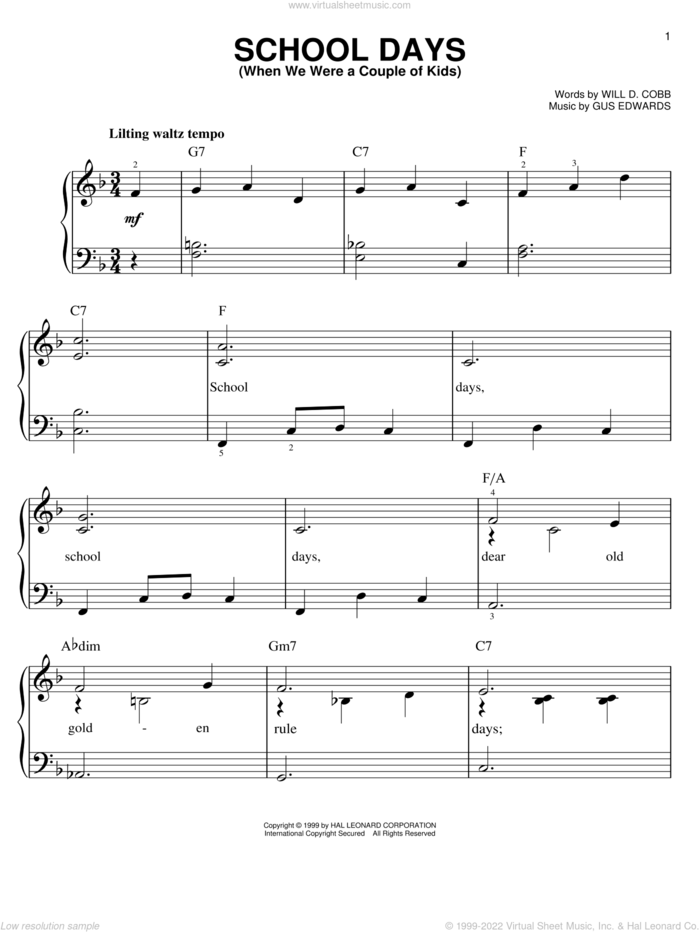 School Days (When We Were A Couple Of Kids) sheet music for piano solo by Will D. Cobb and Gus Edwards, easy skill level