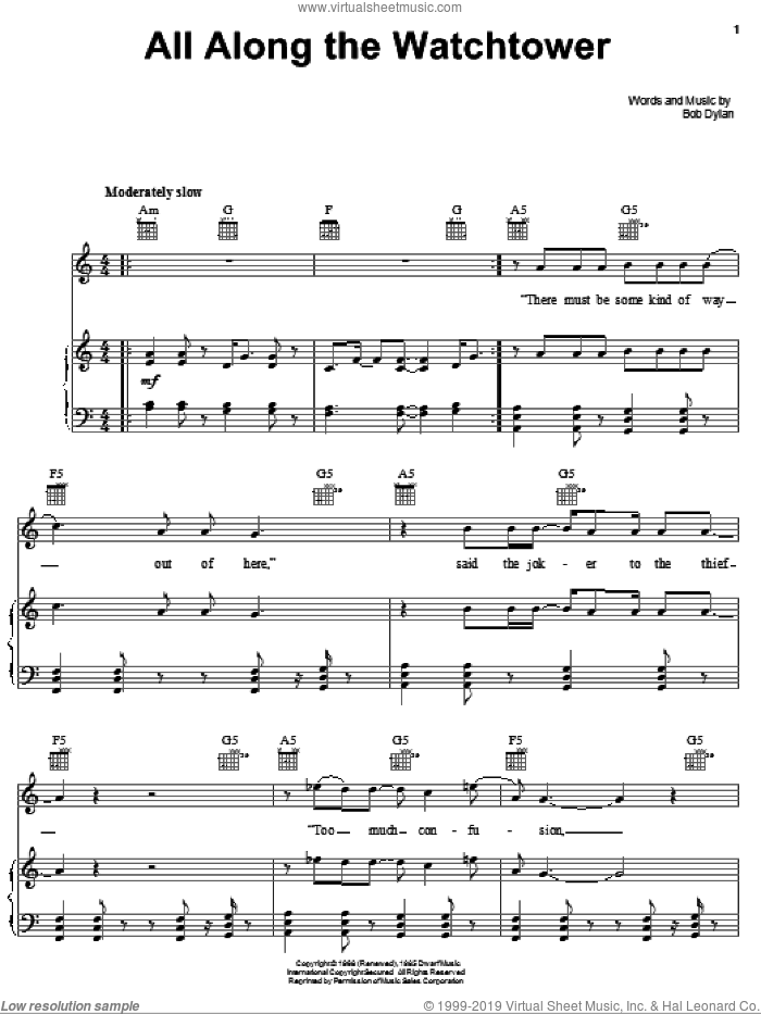 All Along The Watchtower sheet music for voice, piano or guitar by Dave Matthews Band, Jimi Hendrix, U2 and Bob Dylan, intermediate skill level