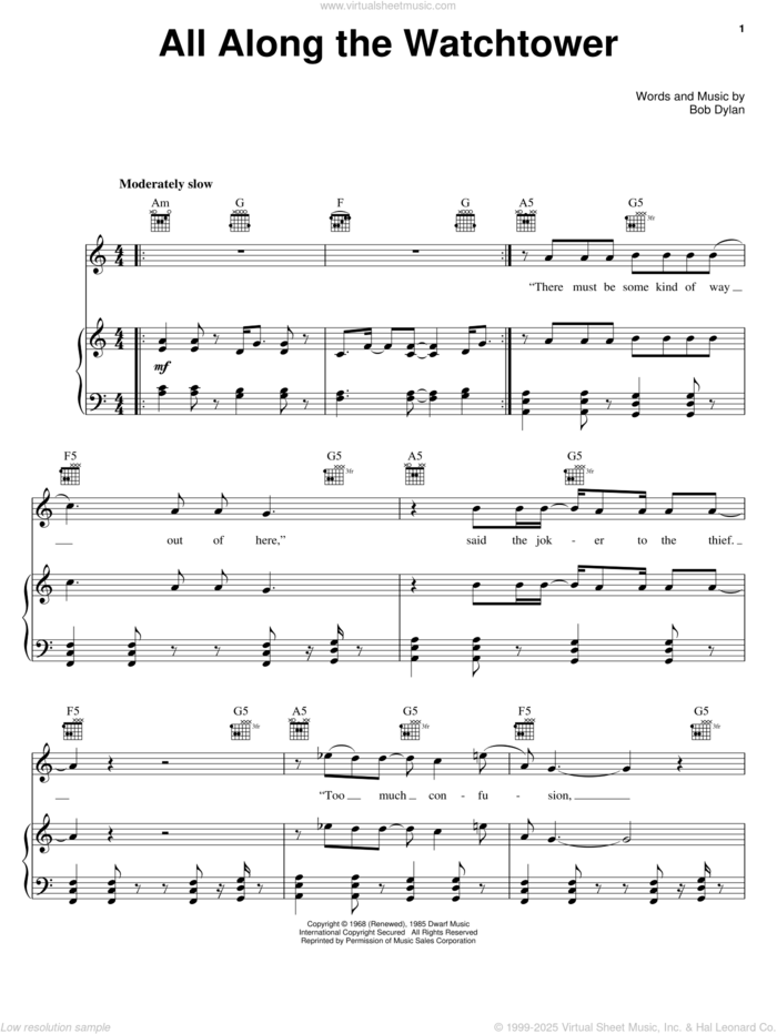 All Along The Watchtower sheet music for voice, piano or guitar by Dave Matthews Band, Jimi Hendrix, U2 and Bob Dylan, intermediate skill level