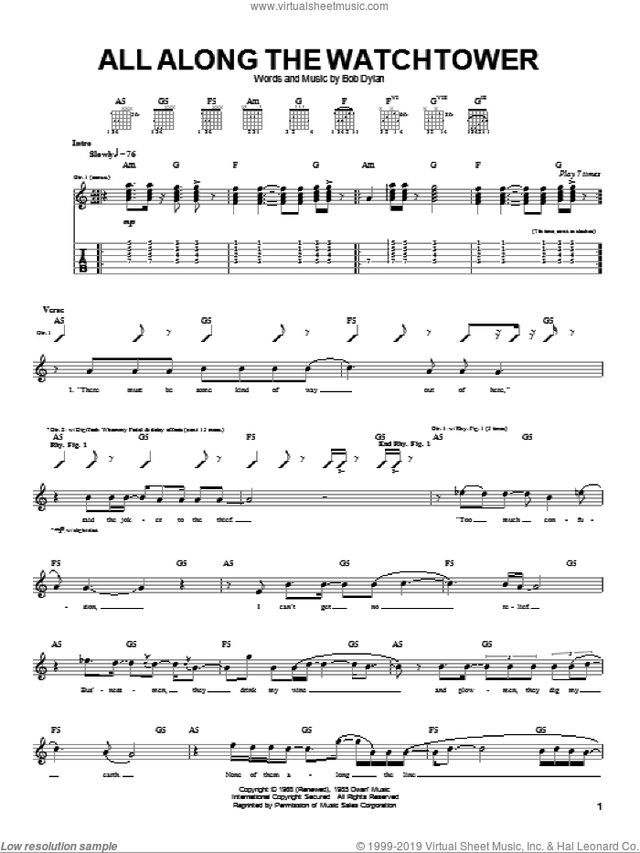 All Along The Watchtower sheet music for guitar (tablature) by Dave Matthews Band, Jimi Hendrix, U2 and Bob Dylan, intermediate skill level