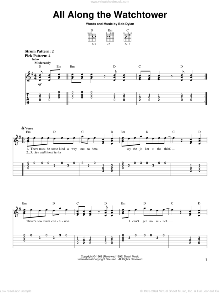 All Along The Watchtower, (easy) sheet music for guitar solo (easy tablature) by Bob Dylan, Jimi Hendrix and U2, easy guitar (easy tablature)