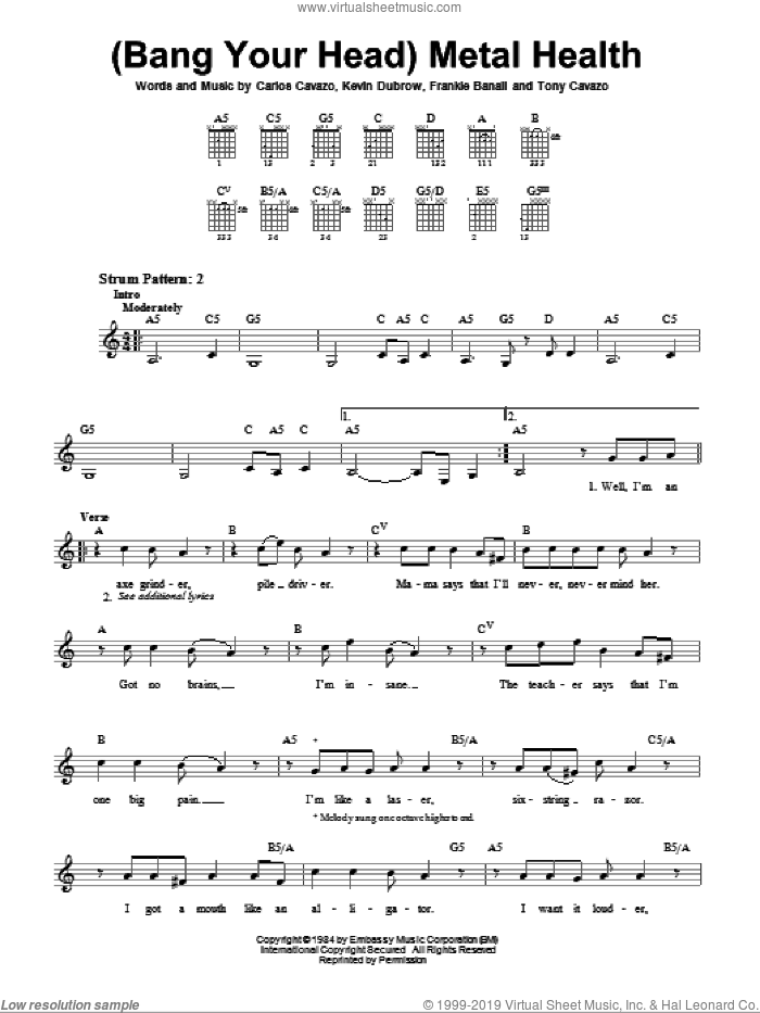 (Bang Your Head) Metal Health sheet music for guitar solo (chords) by Quiet Riot, Carlos Cavazo, Frankie Banali, Kevin Dubrow and Tony Cavazo, easy guitar (chords)