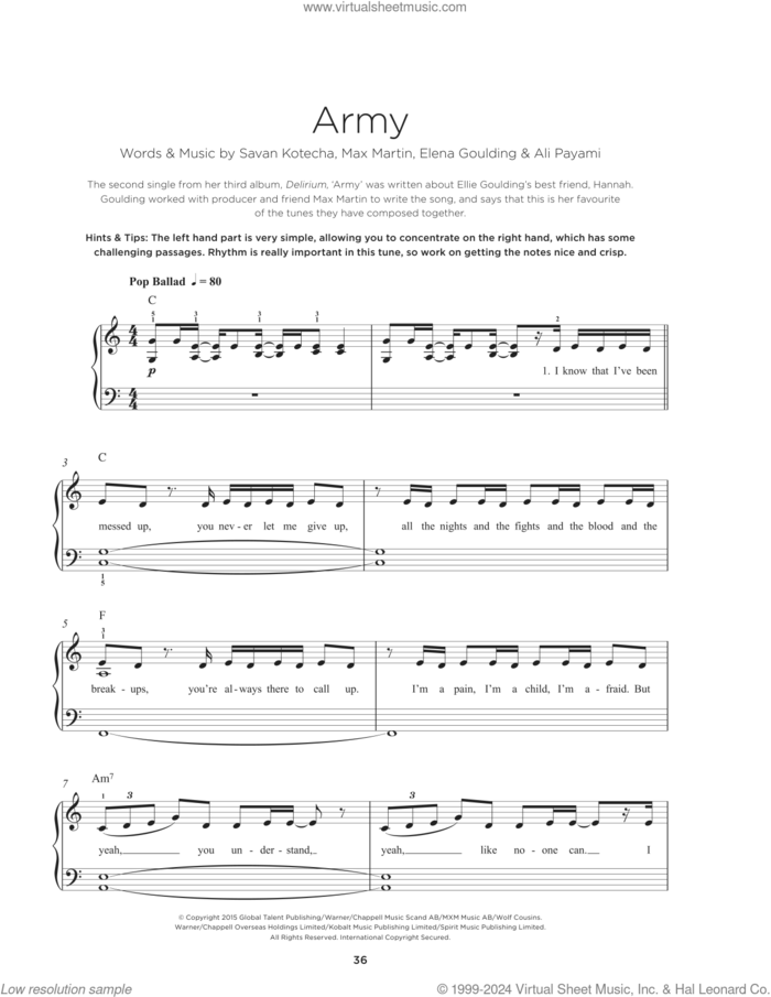 Army, (beginner) sheet music for piano solo by Ellie Goulding, Ali Payami, Max Martin and Savan Kotecha, beginner skill level