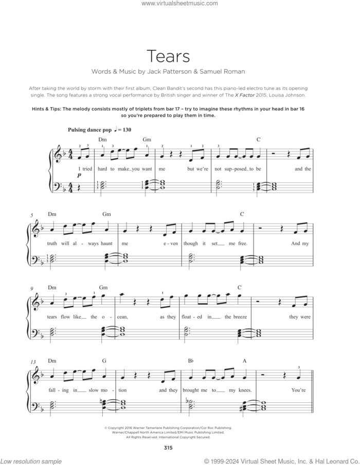 Tears (feat. Louisa Johnson) sheet music for piano solo by Clean Bandit, Jack Patterson and Samuel Roman, beginner skill level