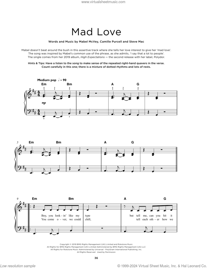 Mad Love sheet music for piano solo by Mabel, Camille Purcell, Mabel McVey and Steve Mac, beginner skill level