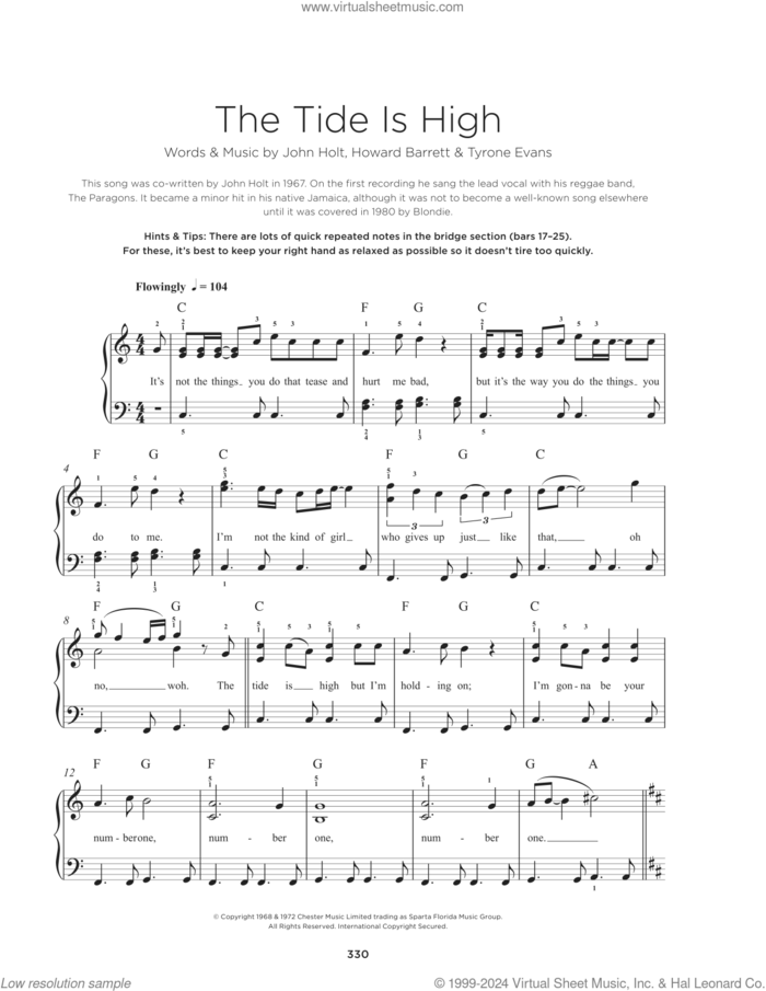 The Tide Is High sheet music for piano solo by Blondie, Atomic Kitten, Howard Barrett, John Holt and Tyrone Evans, beginner skill level