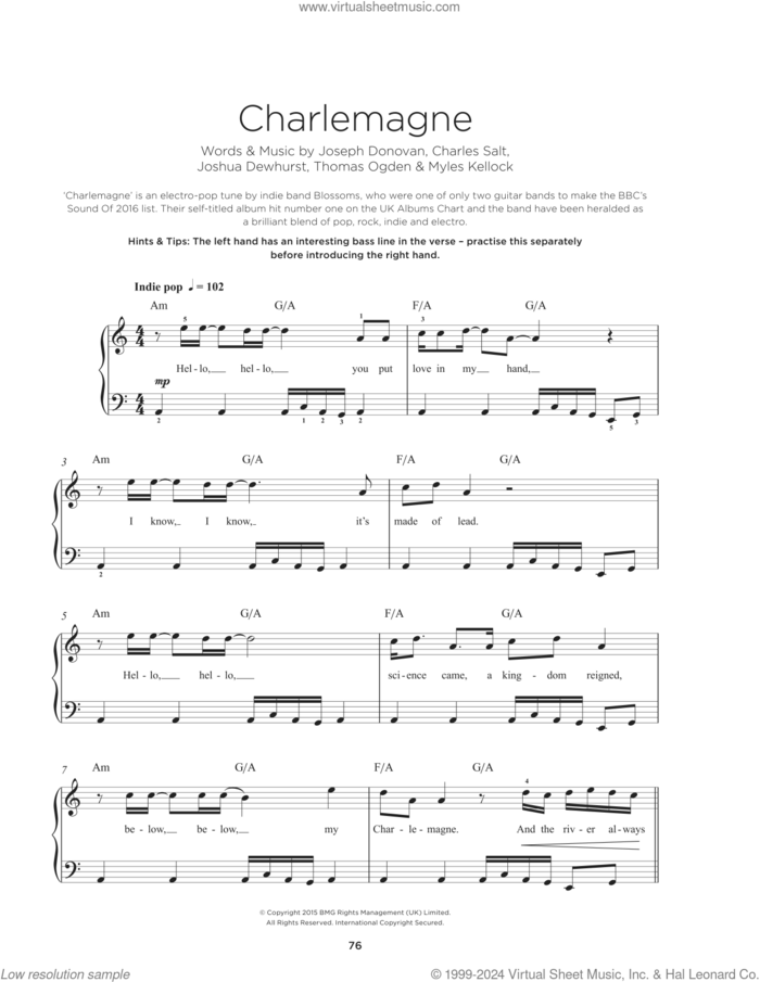 Charlemagne sheet music for piano solo by Blossoms, Charles Anthony Salt, Joseph John Donovan, Joshua John Dewhurst, Myles Scott Kellock and Thomas Philip Ogden, beginner skill level