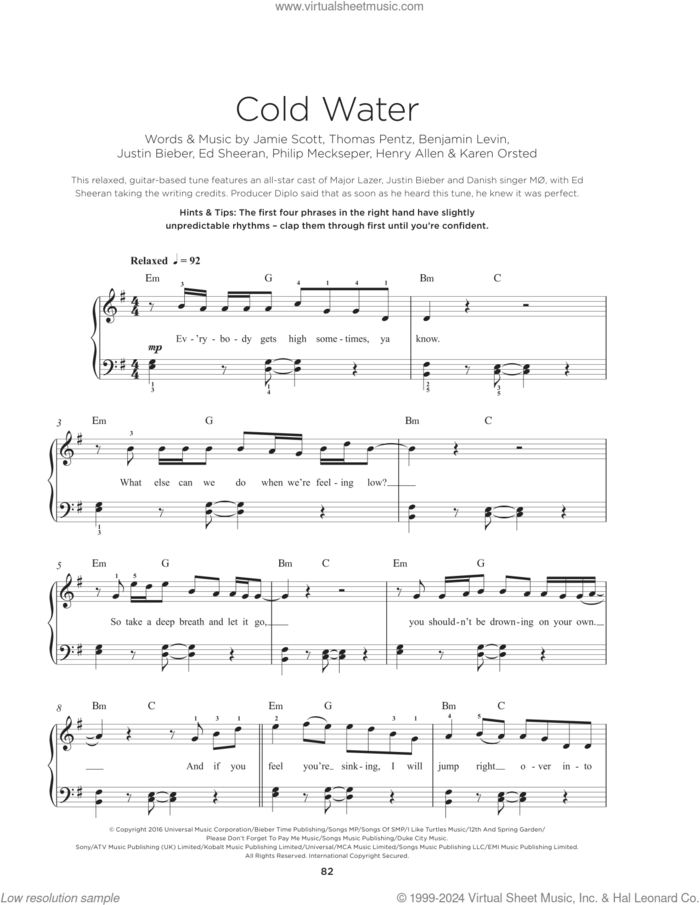 Cold Water (featuring Justin Bieber and MO), (beginner) (featuring Justin Bieber and MO) sheet music for piano solo by Major Lazer, Benjamin Levin, Ed Sheeran, Henry Allen, Jamie Scott, Justin Bieber, Karen Orsted, Philip Meckseper and Thomas Wesley Pentz, beginner skill level