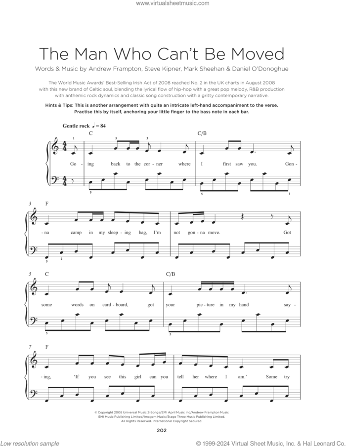 The Man Who Can't Be Moved sheet music for piano solo by The Script, Xenia, Andrew Marcus Frampton, Mark Sheenan and Steve Kipner, beginner skill level