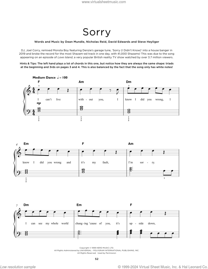 Sorry sheet music for piano solo by Joel Corry, David Edwards, Dean Mundle, Nicholas Reid and Steve Heyliger, beginner skill level