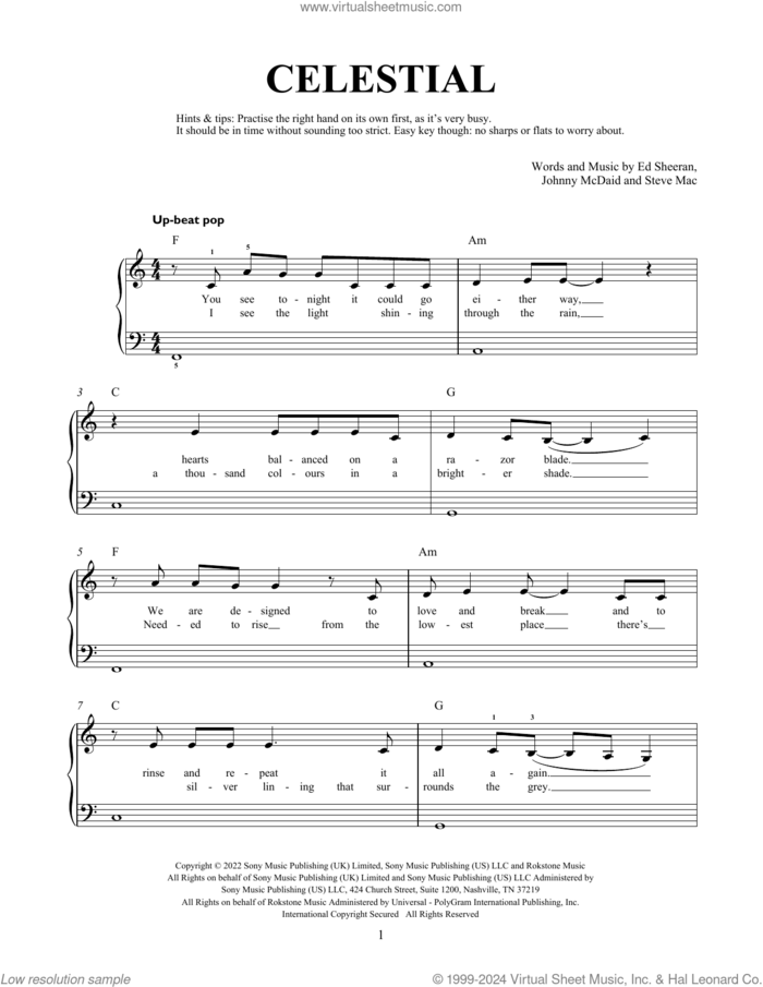 Celestial, (beginner) sheet music for piano solo by Ed Sheeran, Johnny McDaid and Steve Mac, beginner skill level