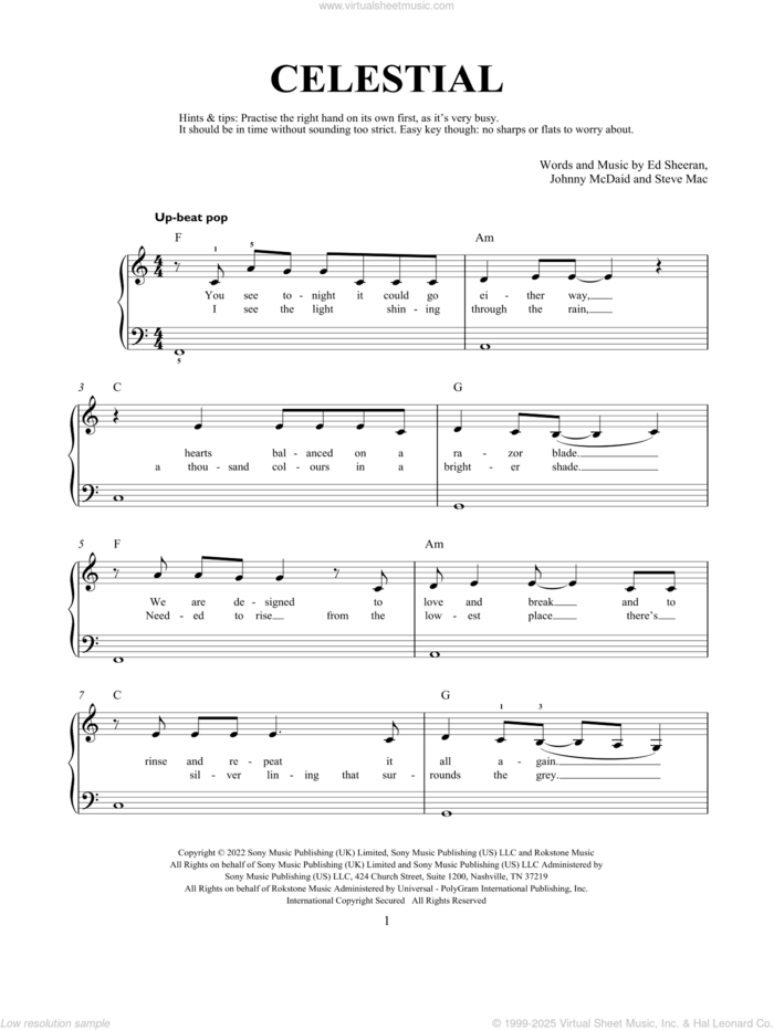 Celestial, (beginner) sheet music for piano solo by Ed Sheeran, Johnny McDaid and Steve Mac, beginner skill level