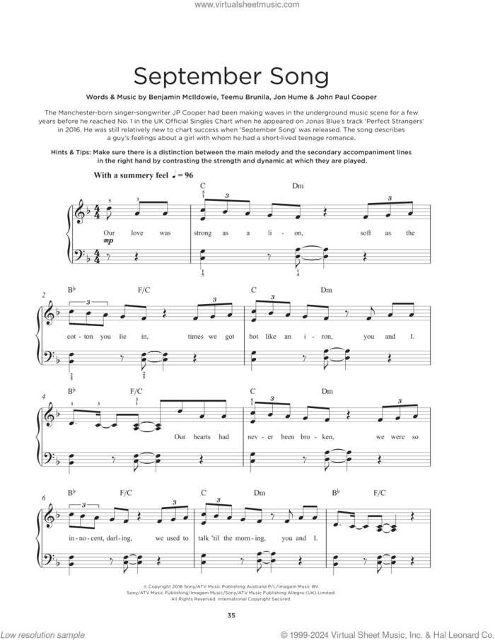 September Song sheet music for piano solo by JP Cooper, Benjamin McIldowie, John Paul Cooper, Jon Cobbe Hume and Teemu Brunila, beginner skill level