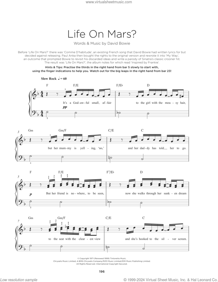 Life On Mars sheet music for piano solo by David Bowie, beginner skill level