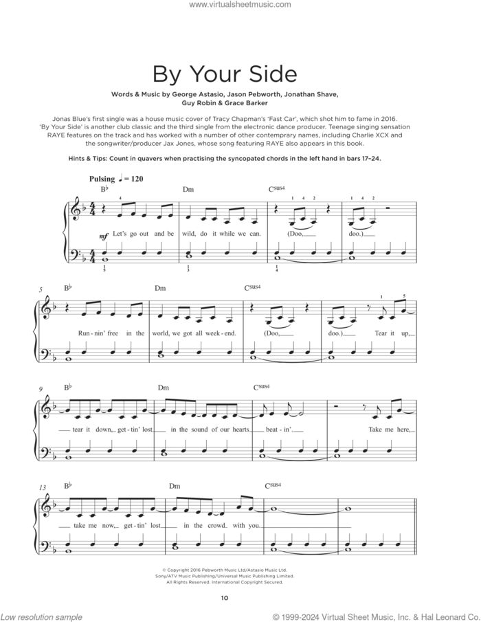 By Your Side sheet music for piano solo by Jonas Blue, George Astasio, Grace Barker, Guy Robin, Jason Pebworth and Jonathan Shave, beginner skill level