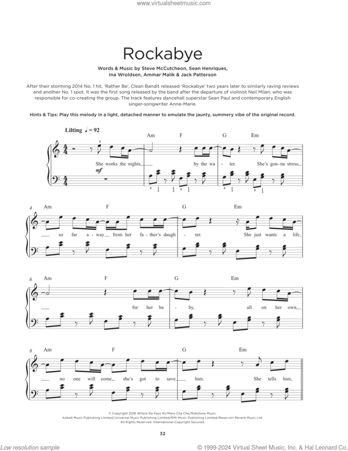 Rockabye (feat. Sean Paul and Anne-Marie) sheet music for piano solo by Clean Bandit, Ammar Malik, Ina Wroldsen, Jack Patterson, Sean Paul Henriques and Steve Mac, beginner skill level