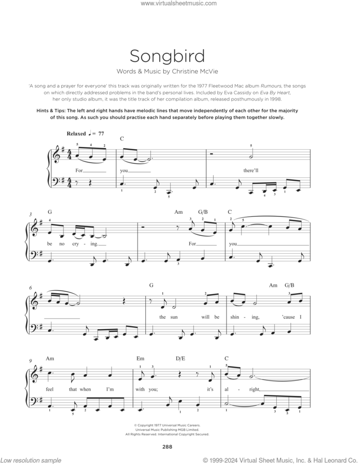 Songbird sheet music for piano solo by Fleetwood Mac and Christine McVie, beginner skill level