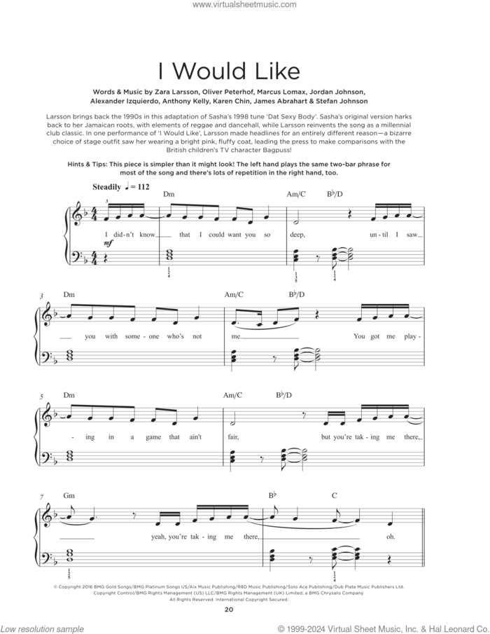 I Would Like sheet music for piano solo by Zara Larsson, Alexander Izquierdo, Anthony Kelly, James Abrahart, Jordan Johnson, Karen Chin, Marcus Lomax, Oliver Peterhof and Stefan Johnson, beginner skill level