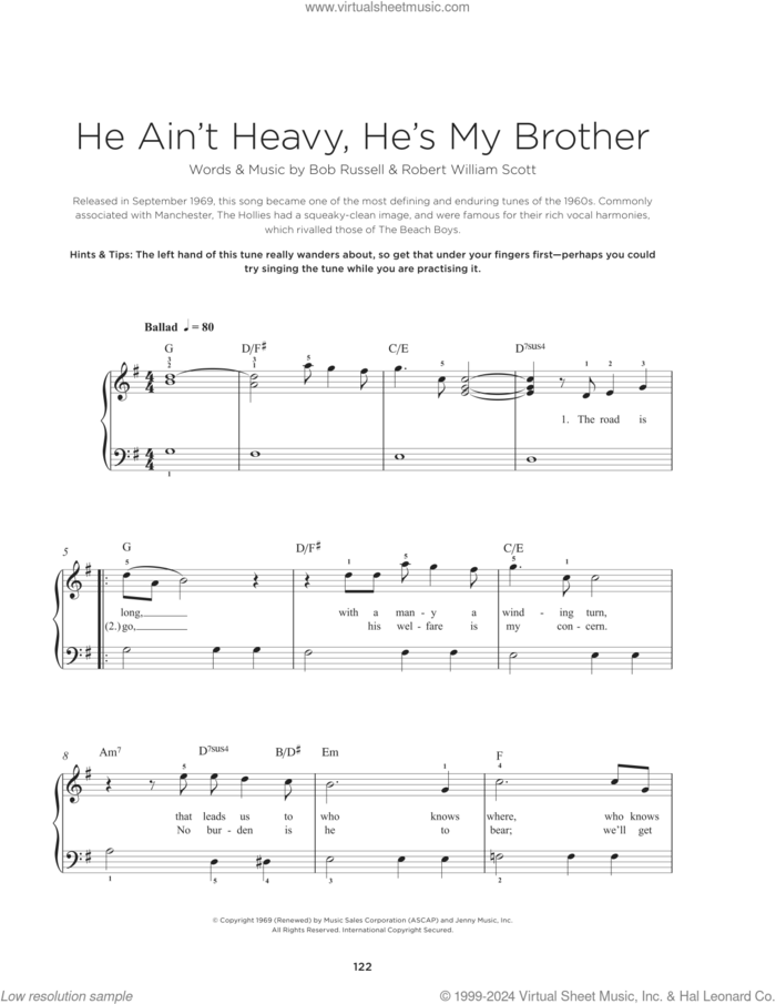 He Ain't Heavy, He's My Brother sheet music for piano solo by The Hollies, Neil Diamond, Bob Russell and Bobby Scott, beginner skill level