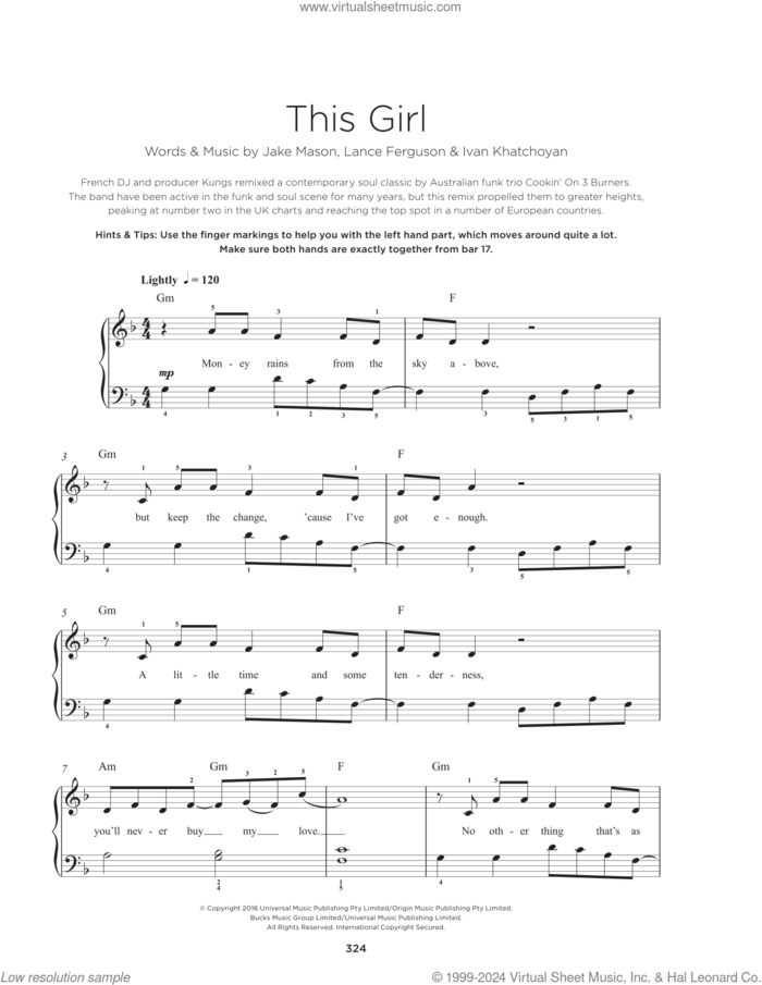 This Girl sheet music for piano solo by Kungs vs. Cookin' on 3 Burners, Ivan Khatchoyan, Jake Mason and Lance Ferguson, beginner skill level