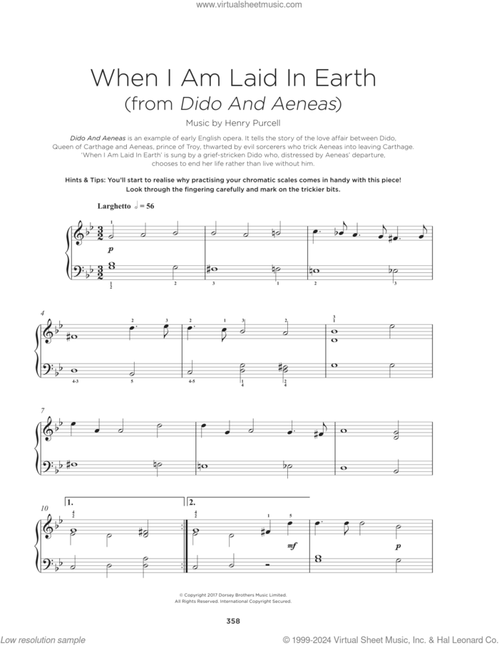 When I Am Laid In Earth, (beginner) sheet music for piano solo by Henry Purcell, classical score, beginner skill level